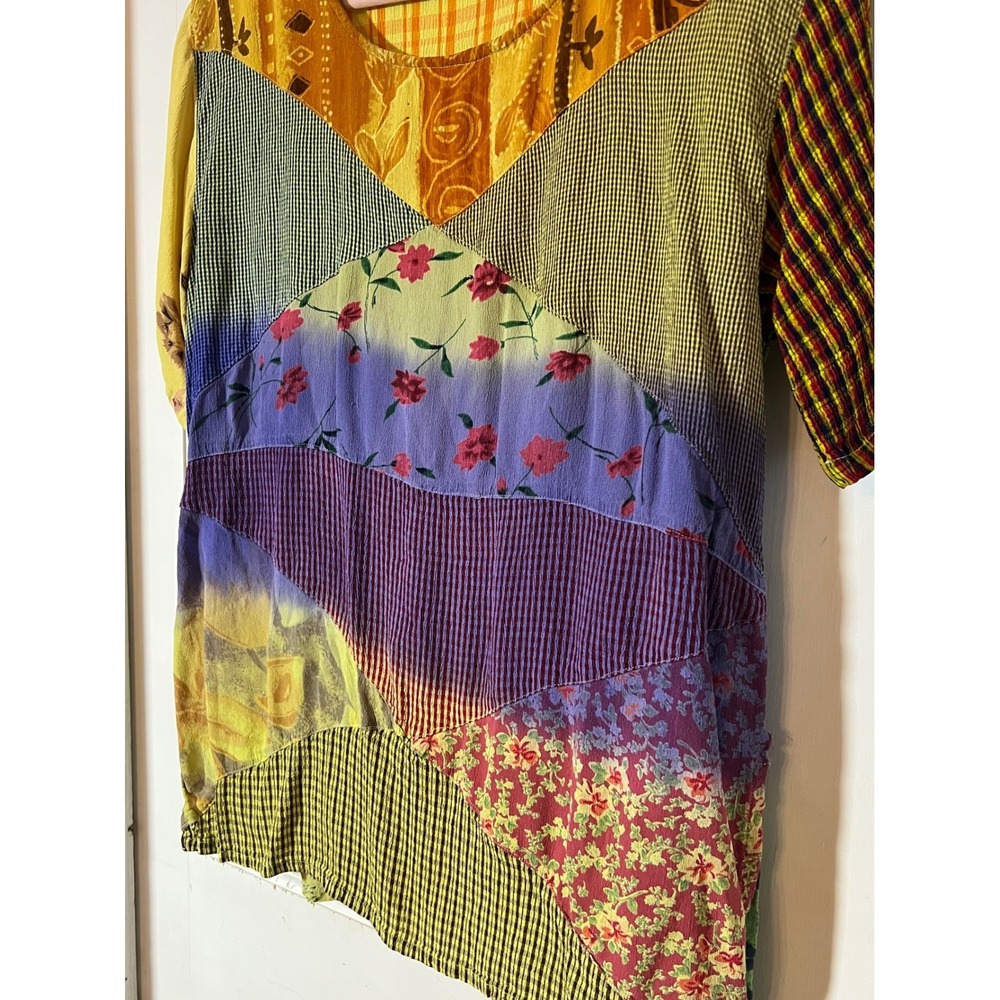 Sacred Threads Top M/L Y2K Whimsigoth Patchwork Floral Multi Color Rayon - Picture 3 of 6